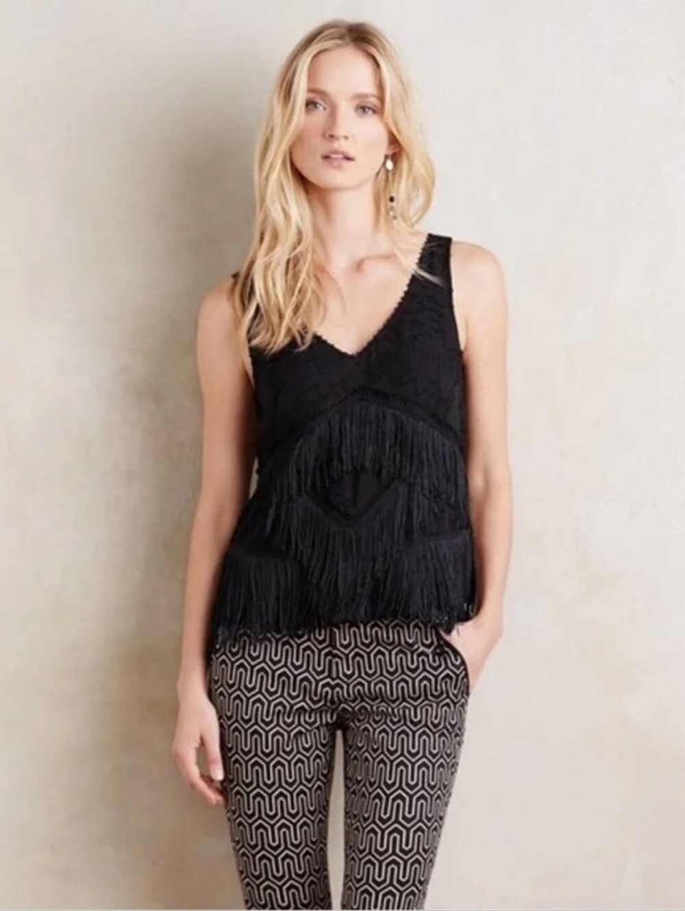 Anthropologie HD in Paris tiered fringe shell top black sleeveless floral bead 8